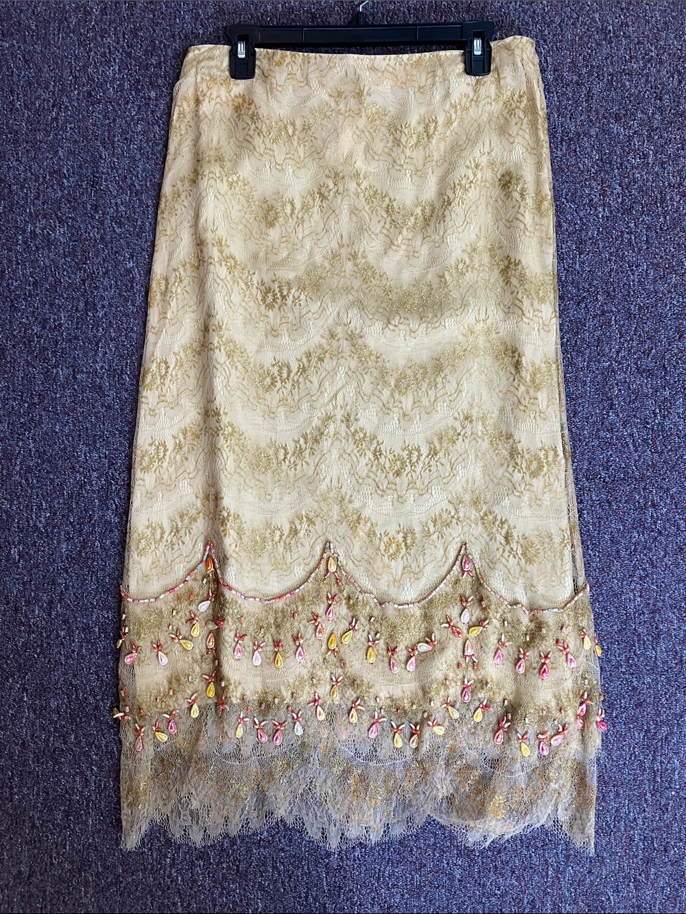 Barbara Lohmann Vintage‎ Lace Couture Beaded Side Zip Skirt Lined Gold Cream 42